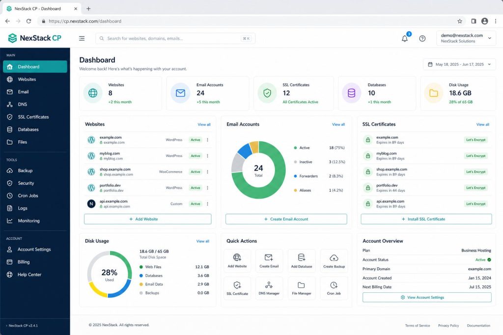 Web hosting for Irish SMEs: what actually matters nexstack panel shot